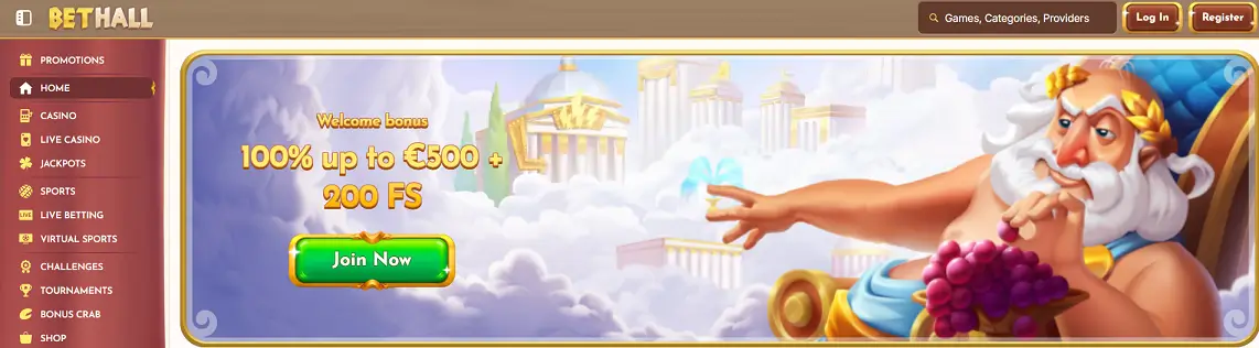 BetHall Casino Menu główne